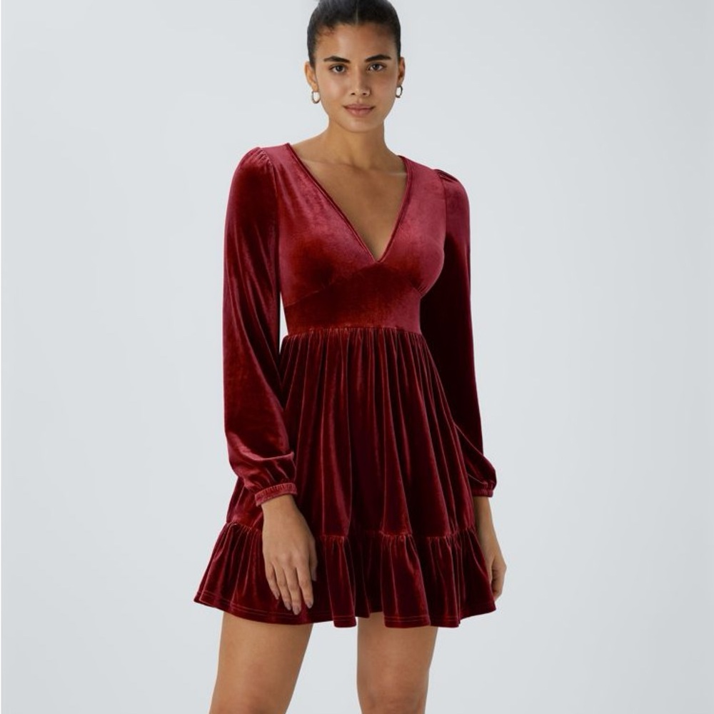 HALARA V Neck Long Sleeve Ruffled Hem Velvet Mini Party Dress